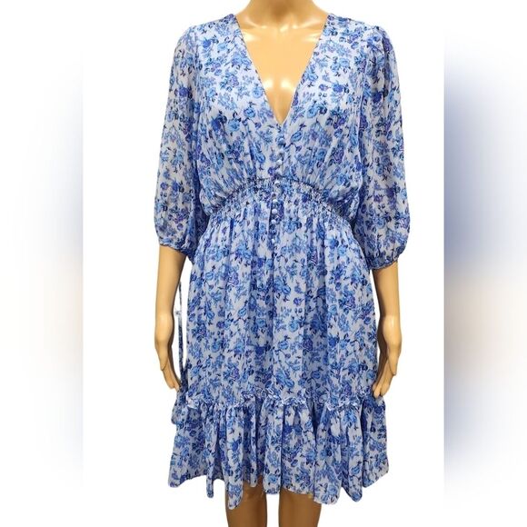 Taylor women's blue white floral smocked waist ruffled preppy mini dress Size 10 - Picture 11 of 11